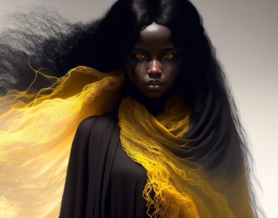 Dark-skinned woman with golden eyes in digital art portrait.