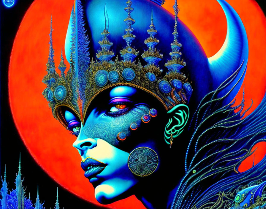 Fantasy artwork of woman with horned headdress and blue skin against red moon