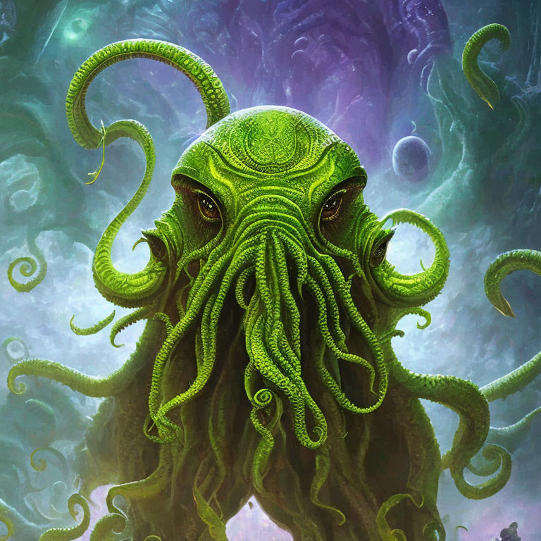 Detailed green octopus-like creature illustration on mystical cloudy backdrop