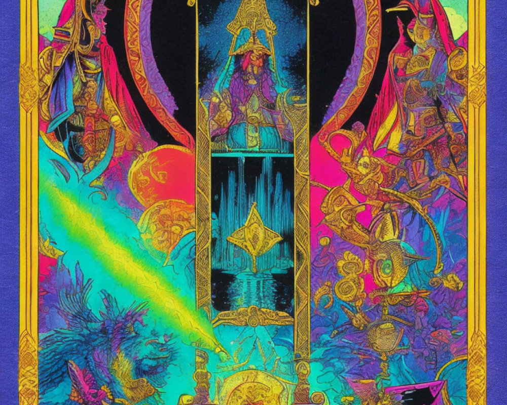 Colorful Psychedelic Artwork with Fantasy Characters and Throne