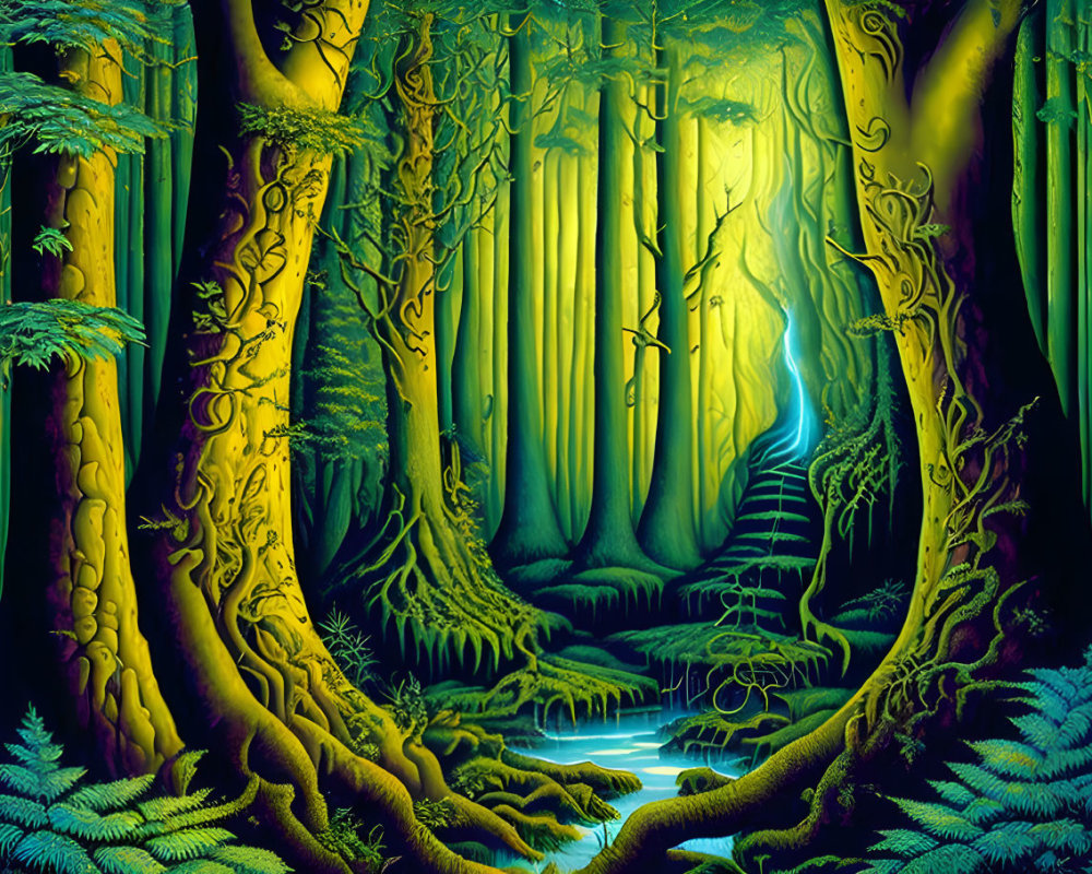 Vibrant green mystical forest with twisted trees and ferns under blue light