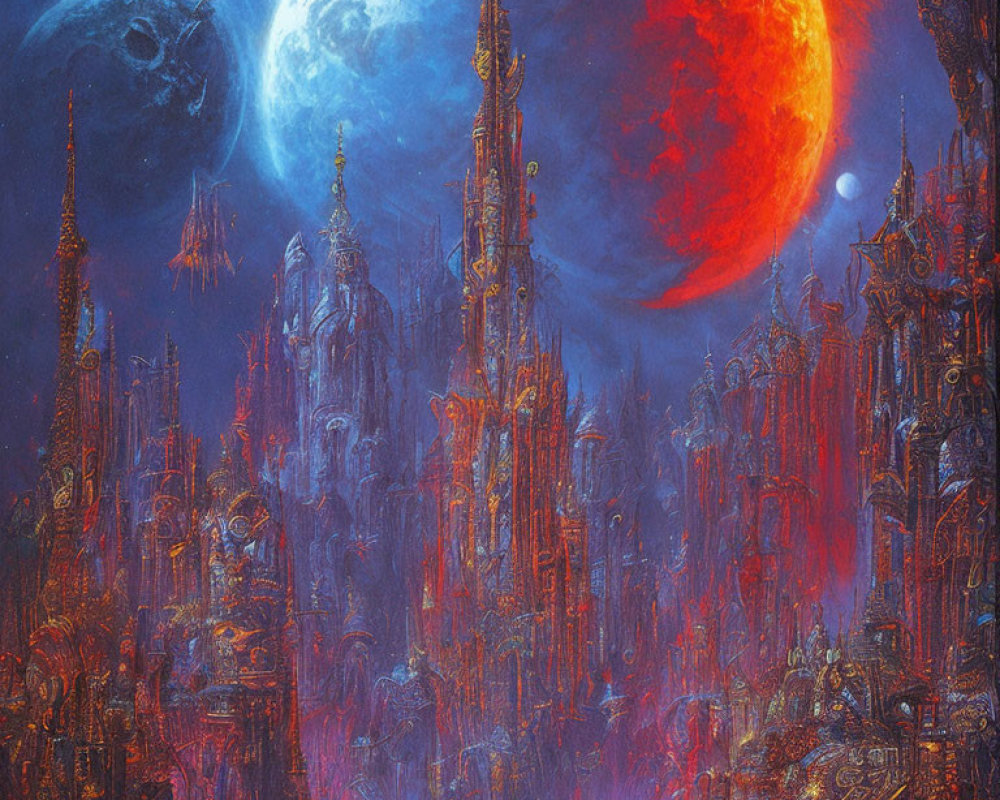 Futuristic sci-fi cityscape with towering spires and celestial bodies