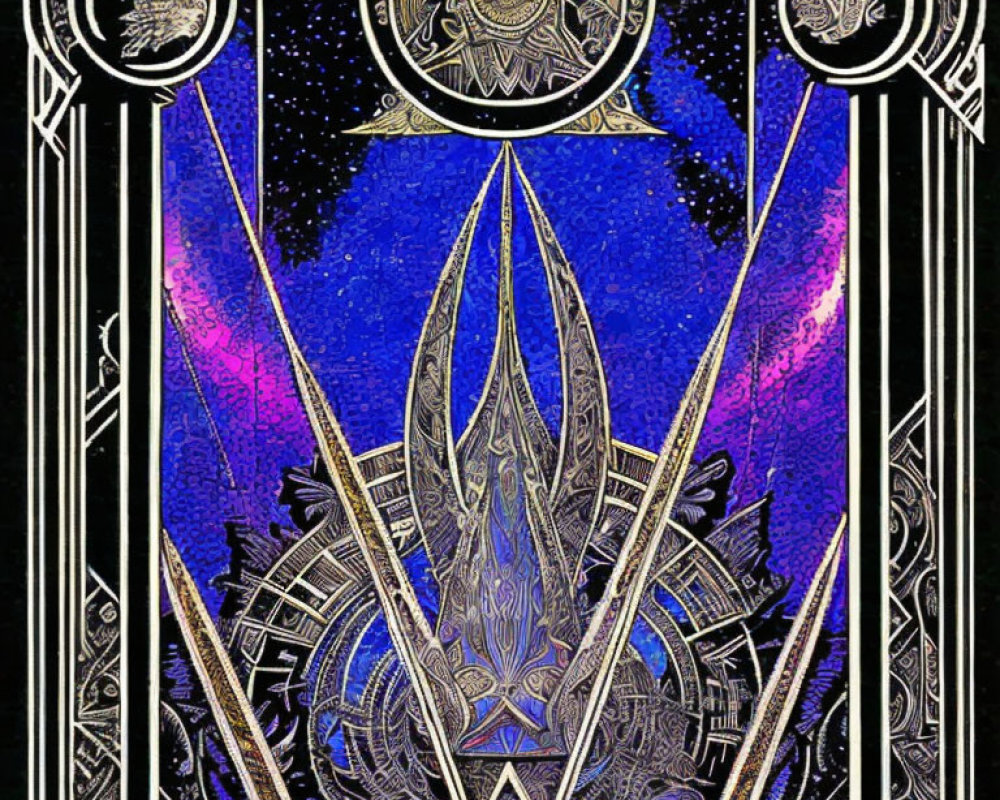 Art Deco Style Image with Cosmic Background and Symmetrical Mechanical Design