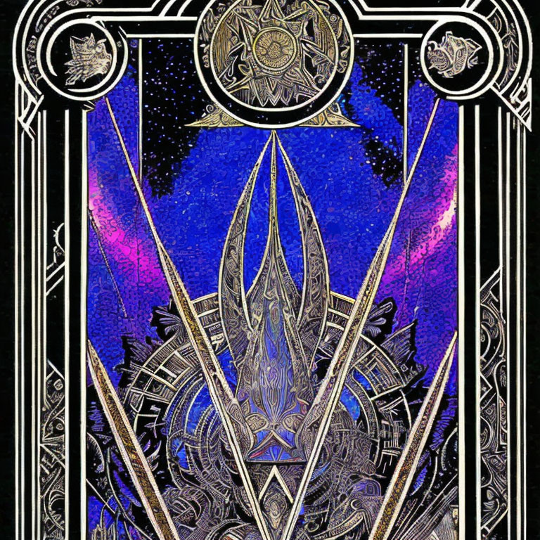 Art Deco Style Image with Cosmic Background and Symmetrical Mechanical Design