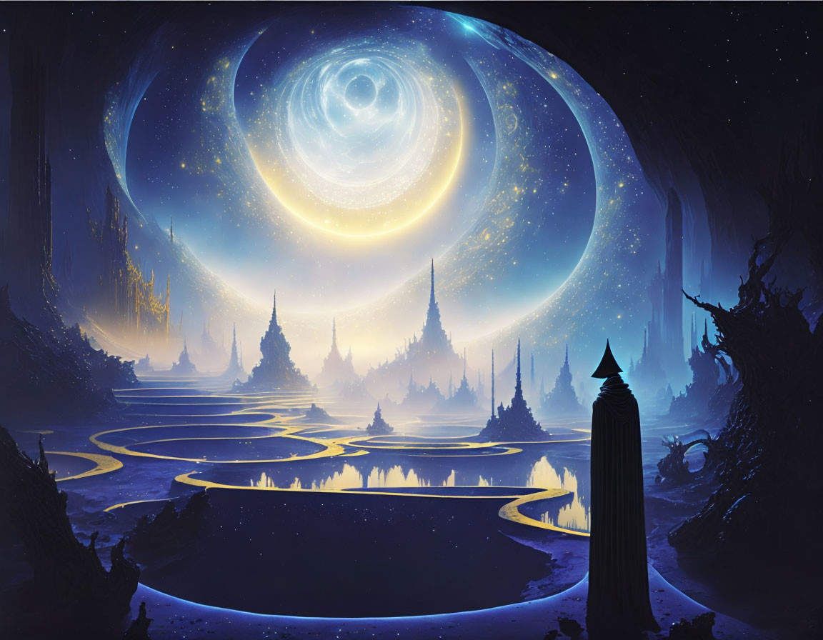 Fantastical landscape with towering spires and spiral galaxy