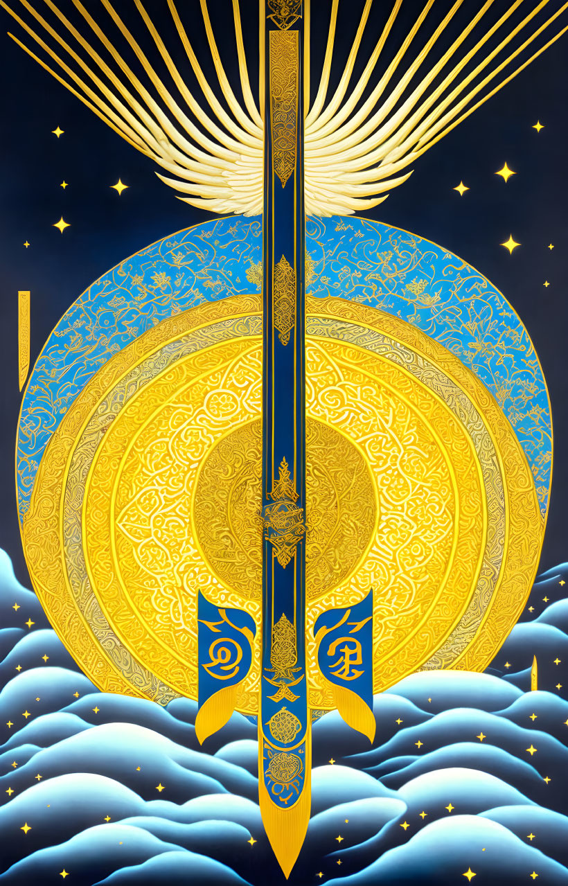 Golden-embellished celestial-themed ornate sword with stars and stylized clouds