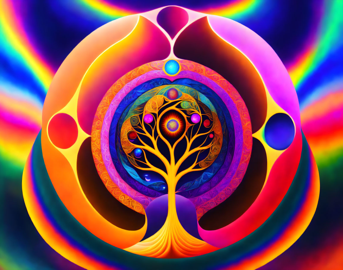 Colorful Psychedelic Tree Artwork with Swirls & Patterns