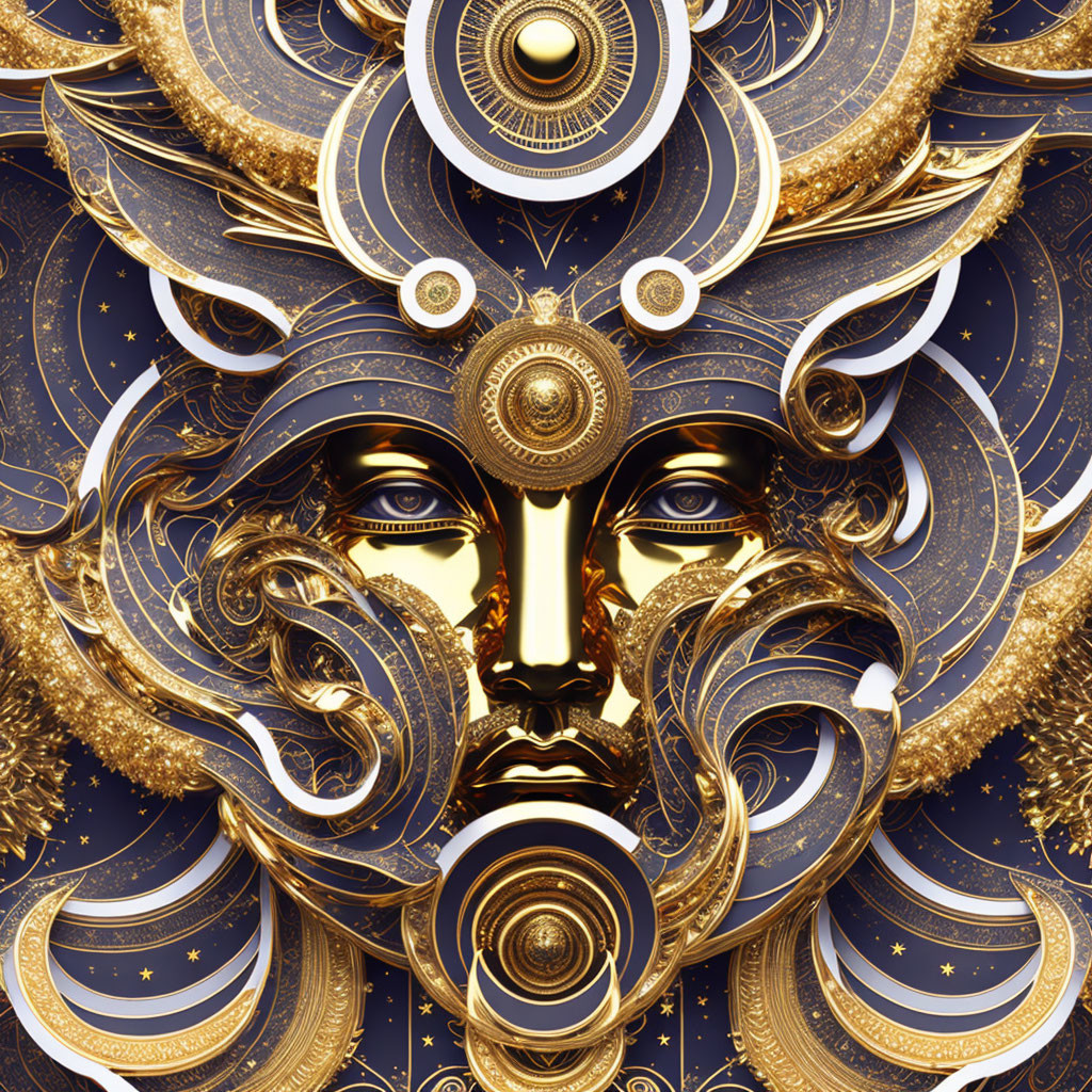 Golden symmetrical mask with celestial motifs on dark blue background