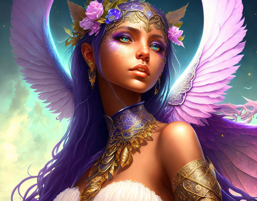 Fantastical female figure with purple wings and golden jewelry in radiant ethereal setting