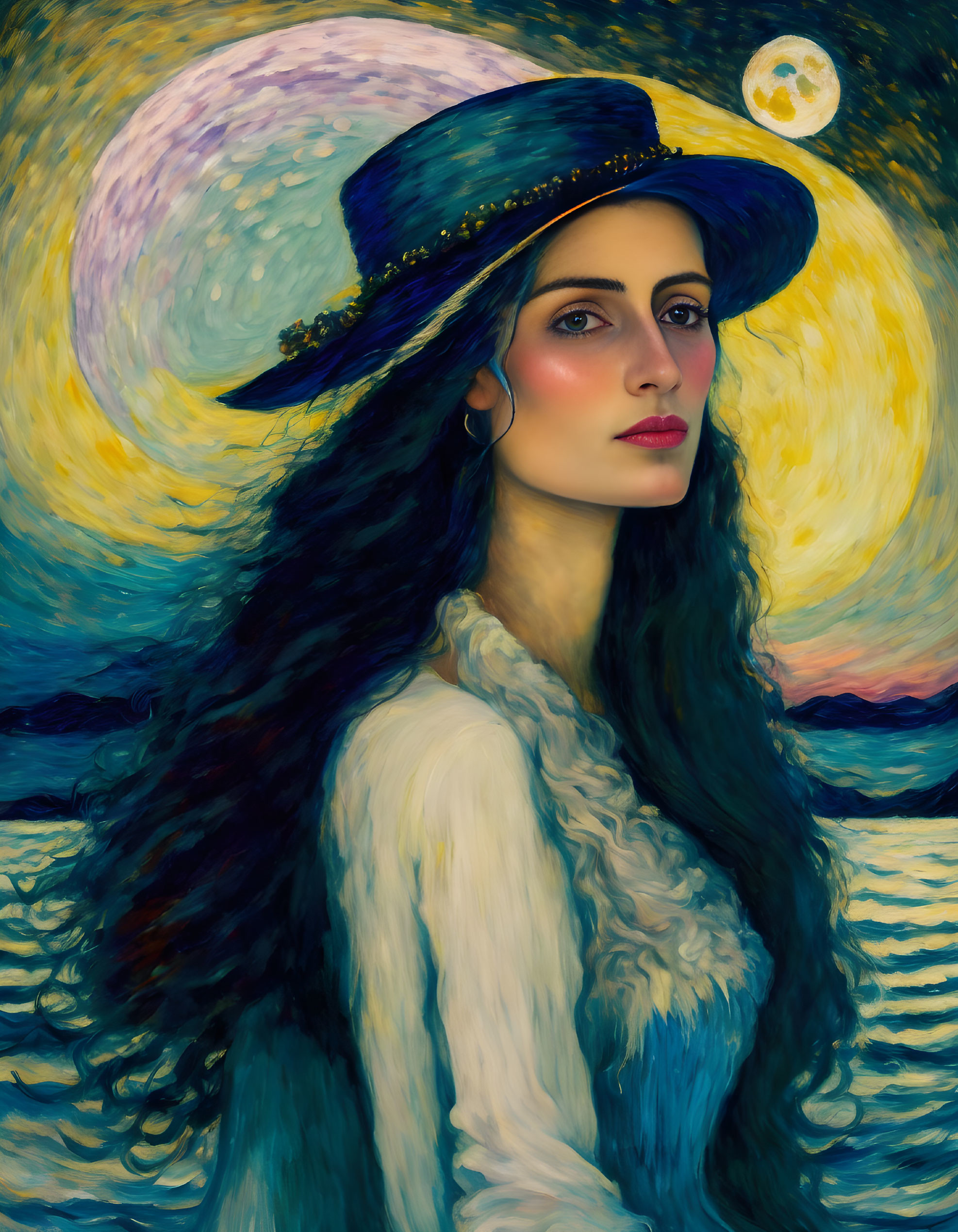 Portrait of Woman in Blue Hat with Swirling Moon and Water