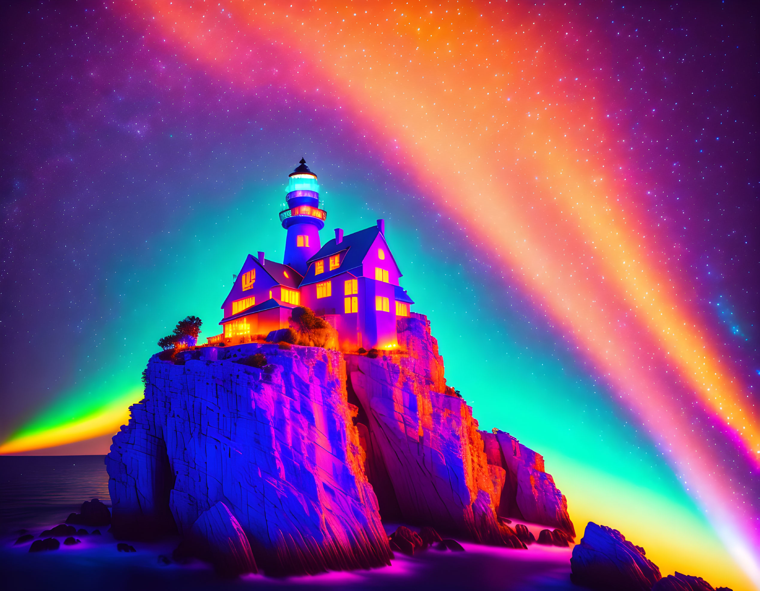 Lighthouse on Cliff under Starry Sky with Aurora Lights