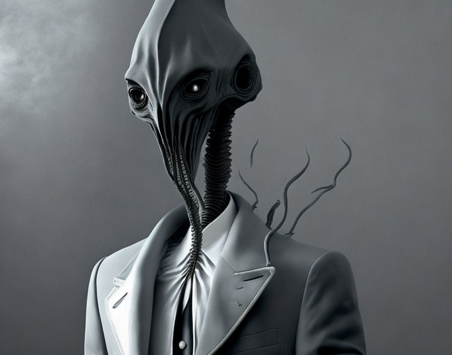 Bird-like Plague Doctor Mask on Humanoid Figure in Suit