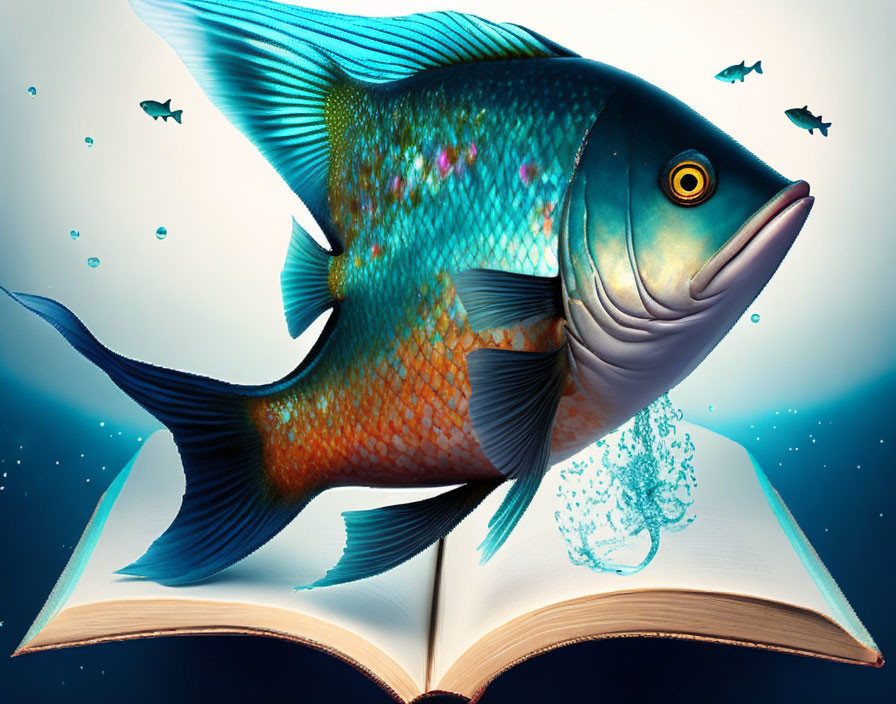 Vibrant illustrated fish leaping from open book with bubbles on blue background