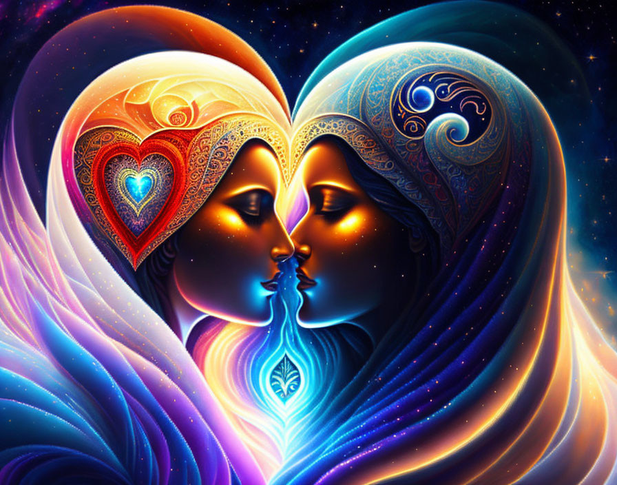 Vibrantly colored stylized faces in profile create heart shape on cosmic background