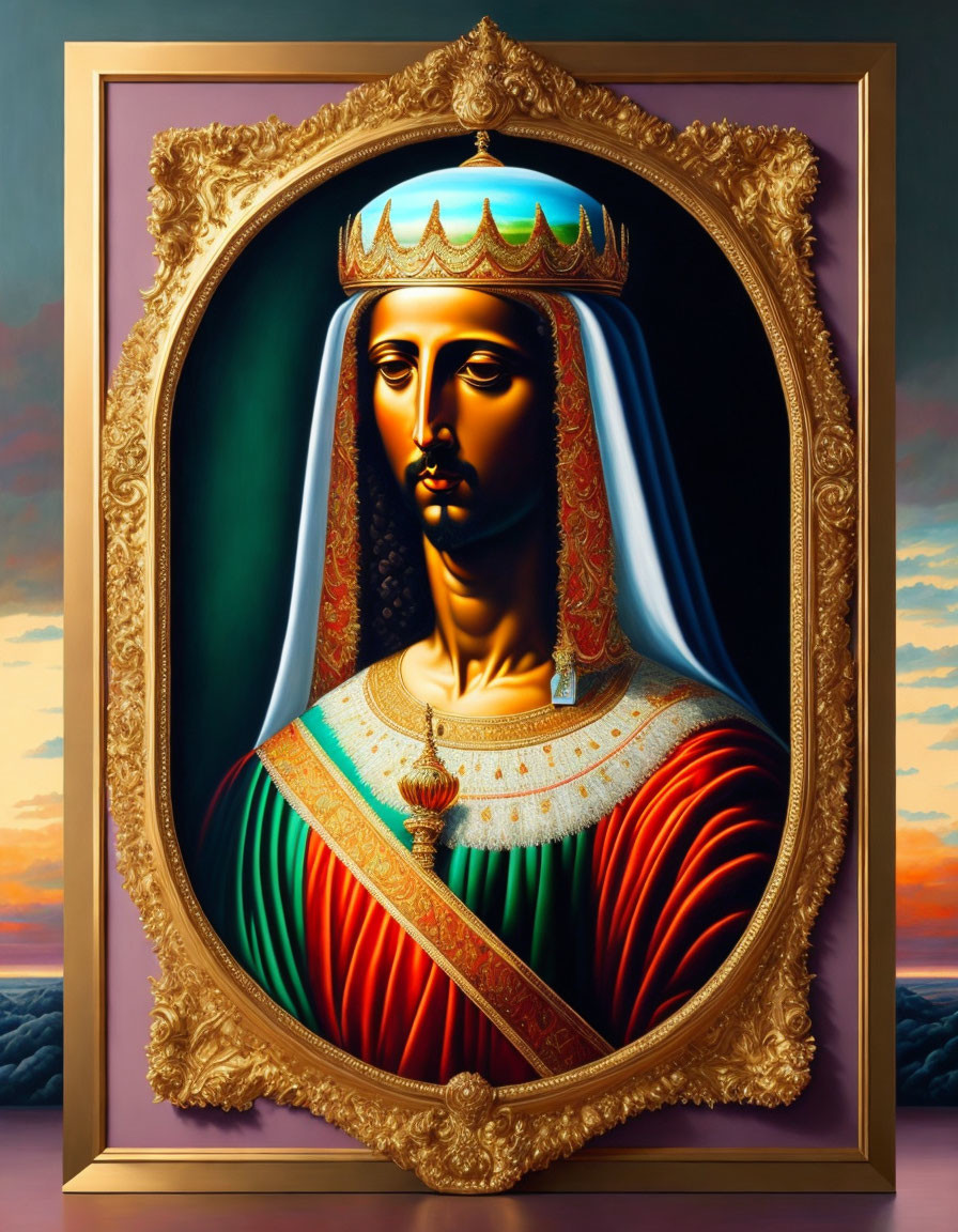 Regal figure with crown in ornate painting against dramatic sky