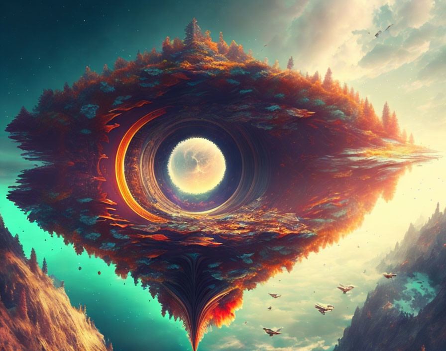 Surreal landscape: floating forested island, eye-shaped with moon, birds, ethereal lighting