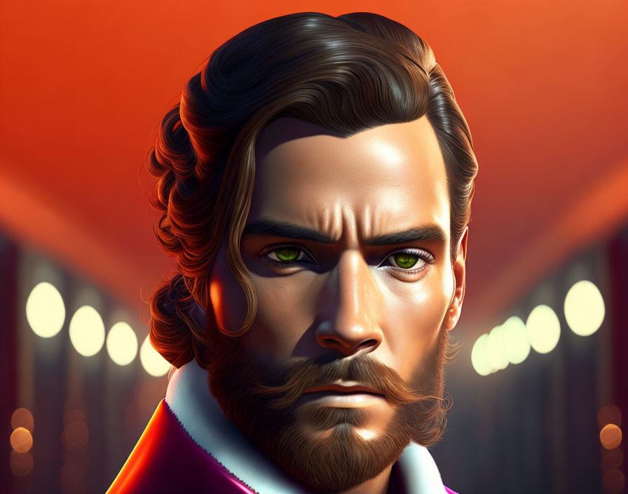 Portrait of a man with beard and groomed hair in stylized setting