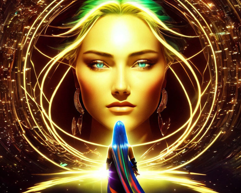 Digital artwork of female figure with blue eyes and golden hair in luminous circles