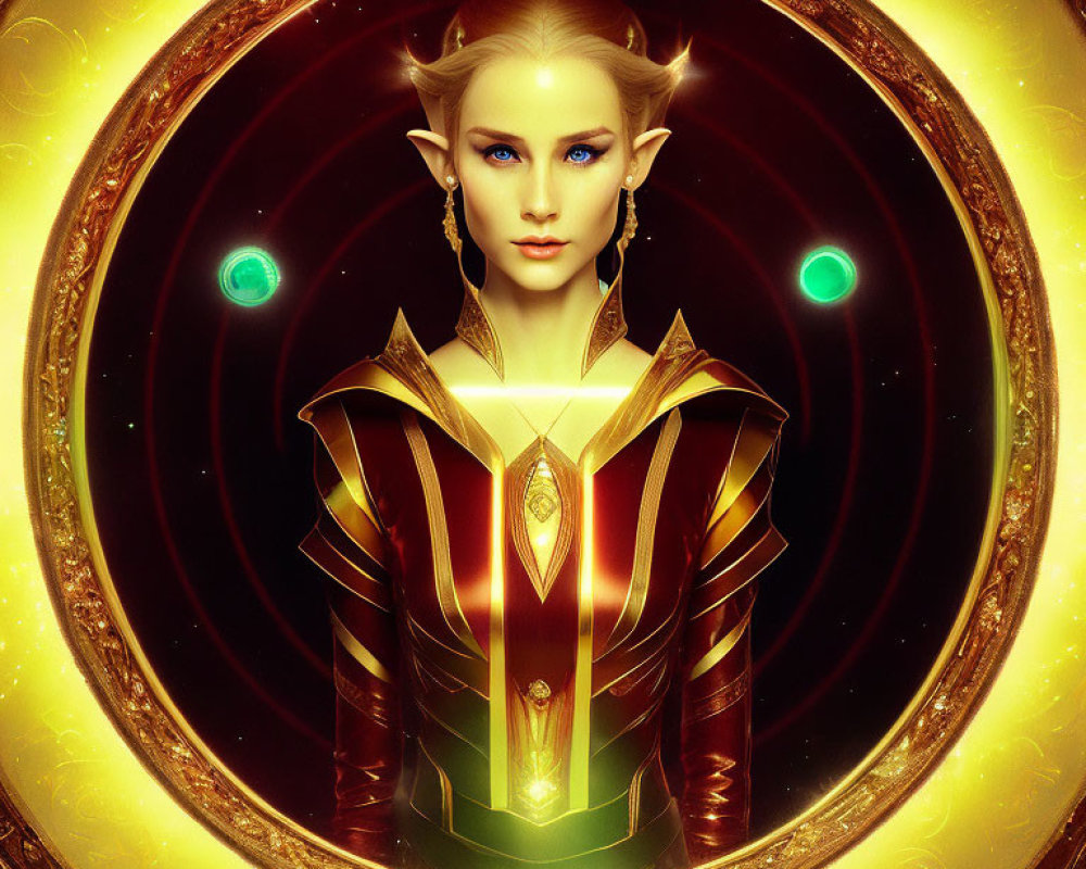 Illustrated Elf in Golden Armor on Starry Background