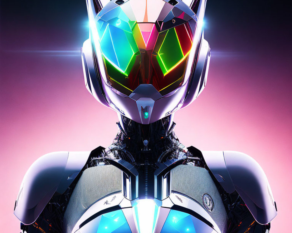 Futuristic robot with polygonal helmet on colorful gradient background