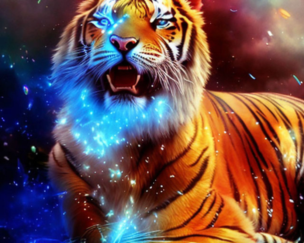 Vibrant cosmic digital artwork featuring roaring tiger in blue and orange hues