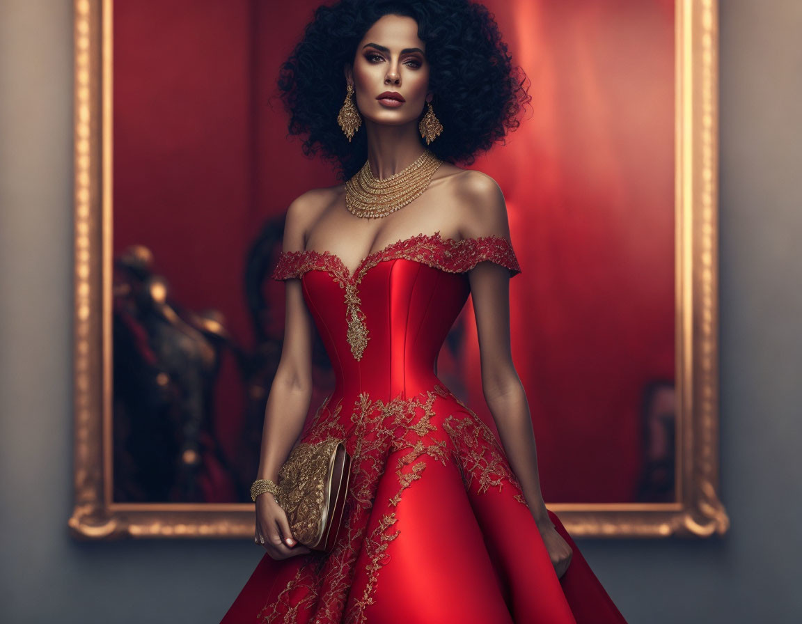 Woman in red off-shoulder gown with golden embroidery and clutch poses elegantly by artwork.