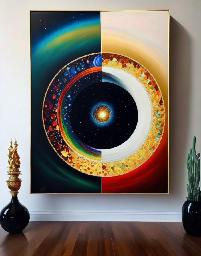 Vibrant cosmic painting with spiral galaxy and planets on two canvases