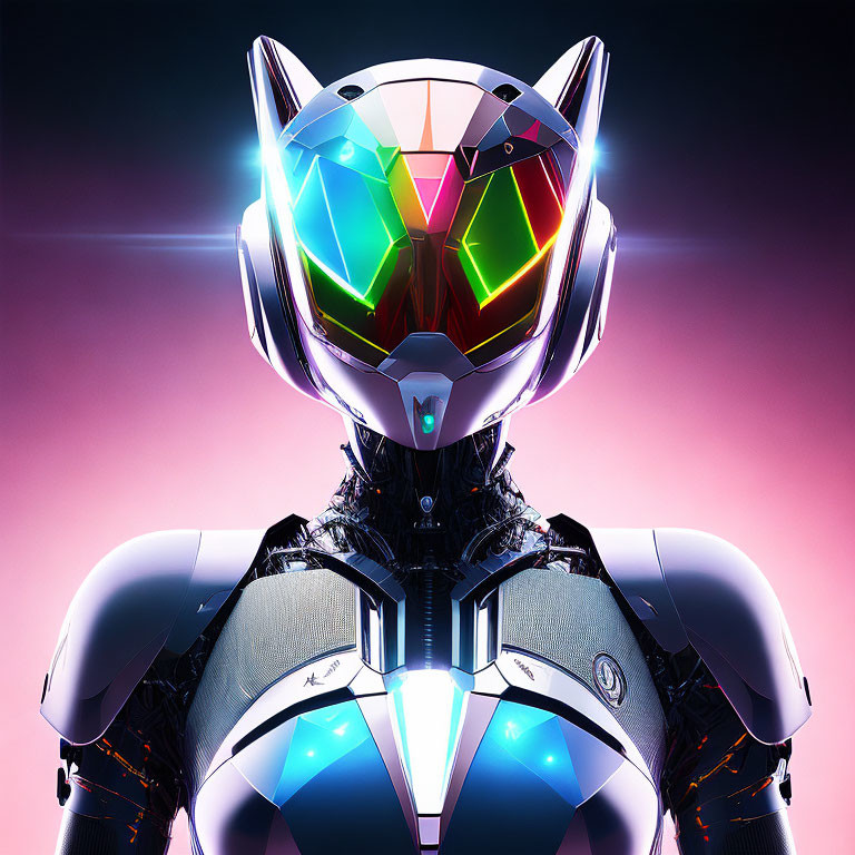 Futuristic robot with polygonal helmet on colorful gradient background