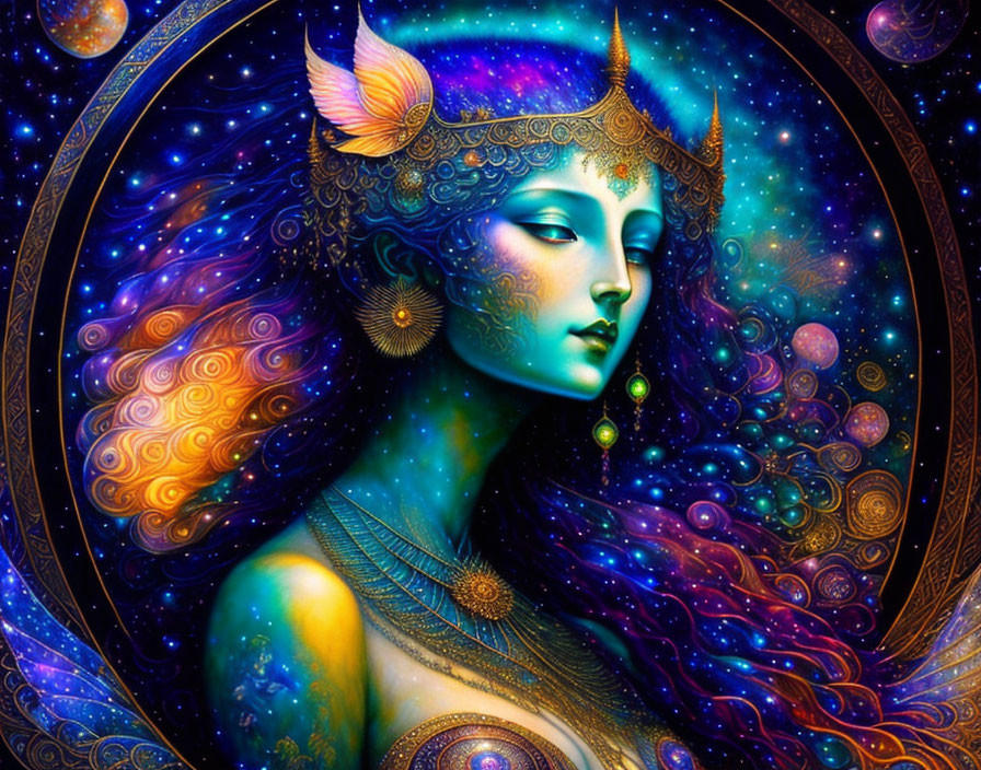 Celestial female figure with cosmic features in vibrant digital artwork