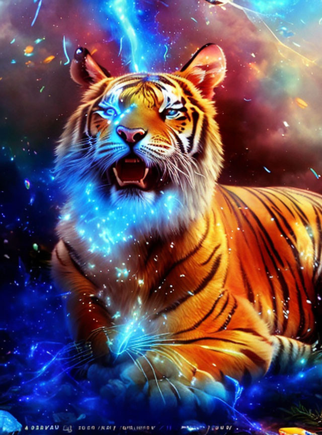 Vibrant cosmic digital artwork featuring roaring tiger in blue and orange hues