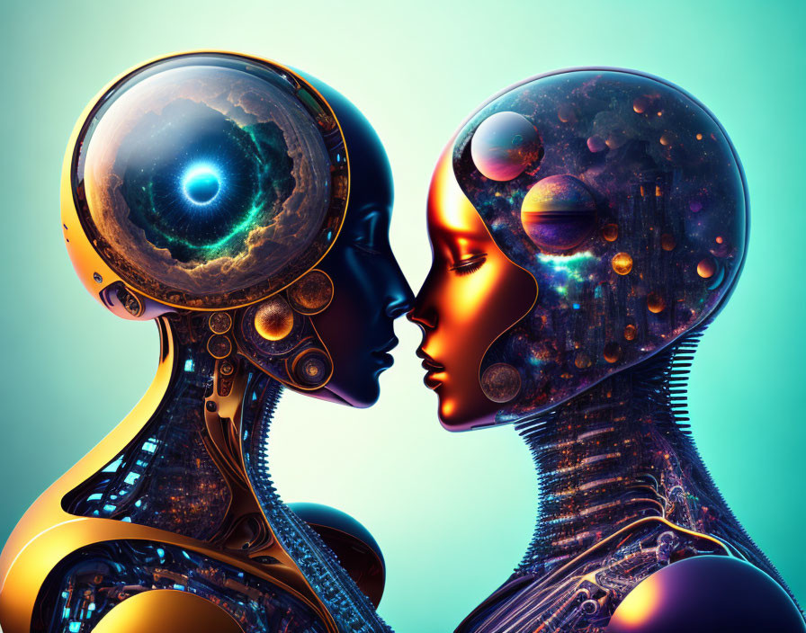 Futuristic humanoid robots with cosmos-themed head designs