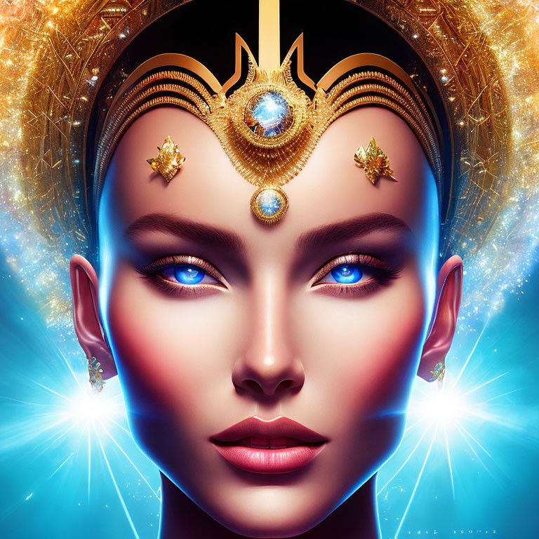 Portrait of Woman with Blue Eyes and Golden Headpiece in Luminous Background