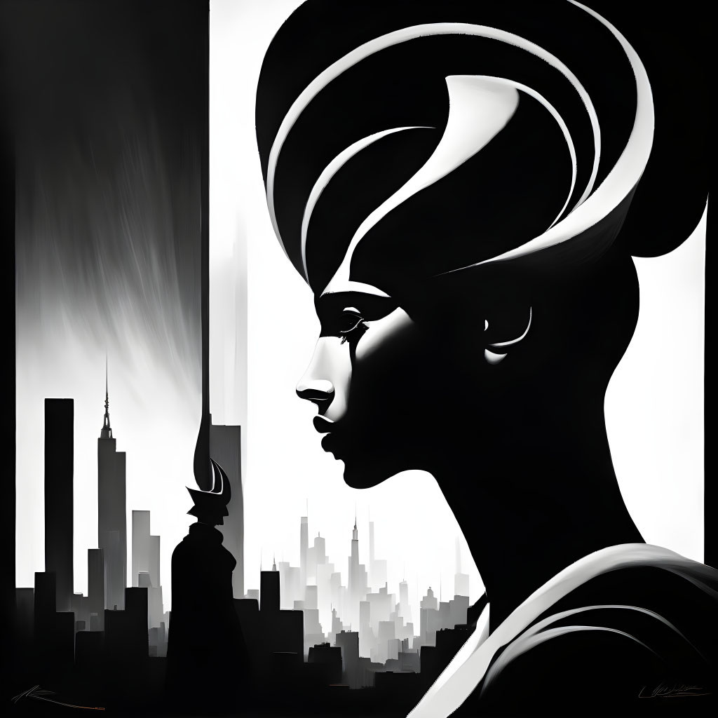 Monochromatic stylized profile of a woman with ornate headdress and city skyline.