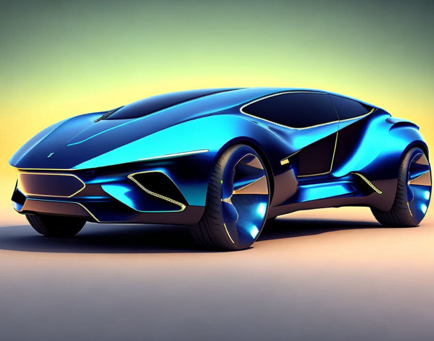 Blue futuristic sports car with illuminated accents on yellow backdrop