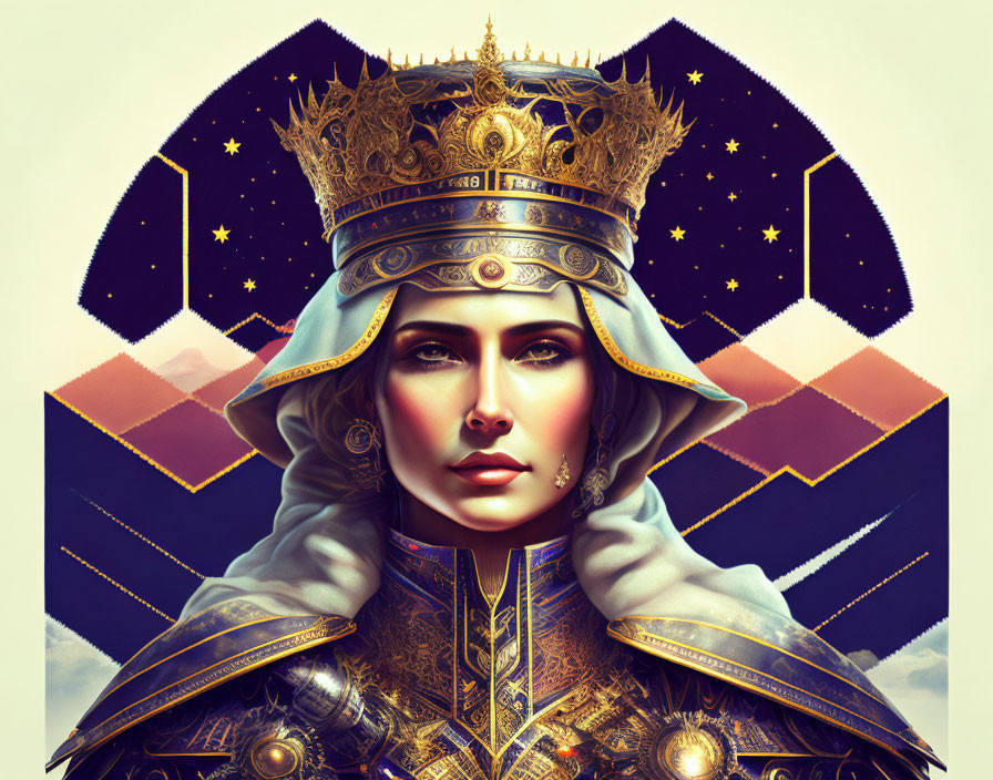 Regal woman in golden crown and armor on celestial background