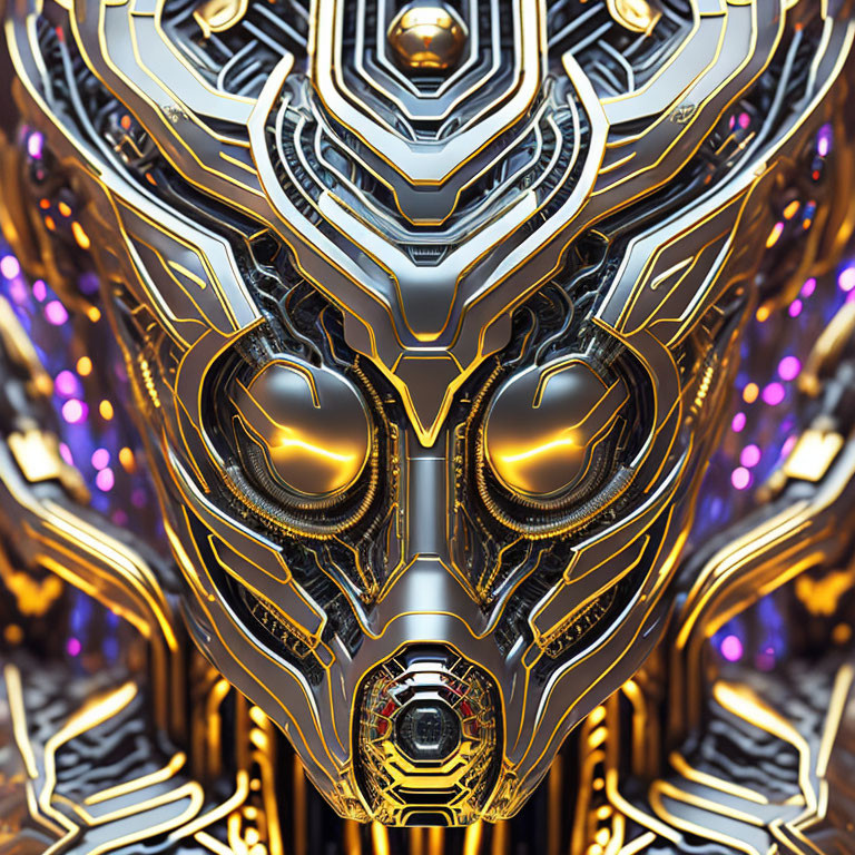 Detailed Metallic Face with Gold and Blue Hues: Futuristic Symmetrical Design