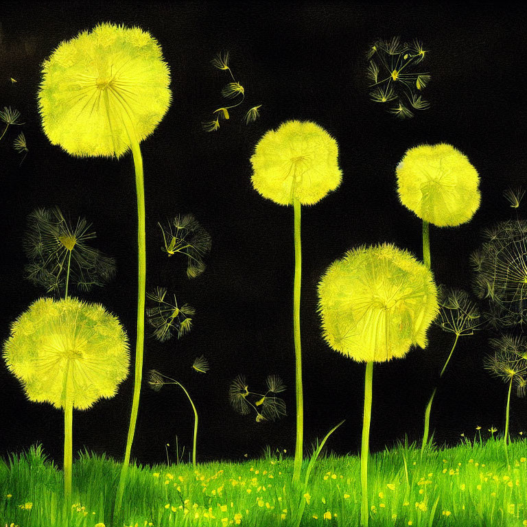 Glowing dandelion seeds dispersing in dark night scenery