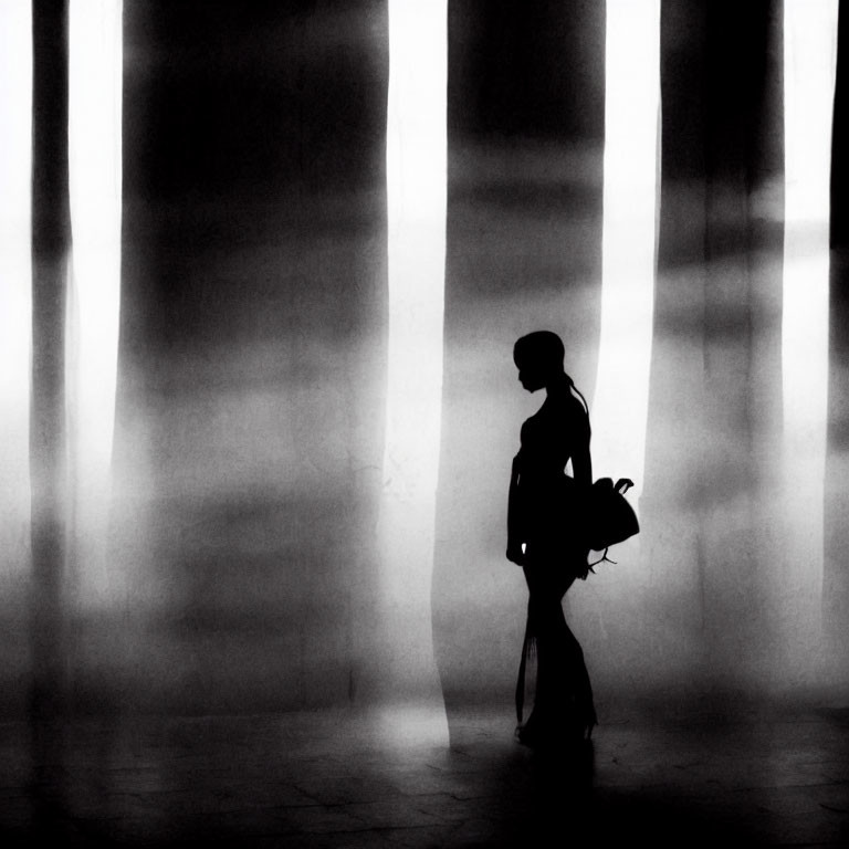 Silhouette of person walking among vertical light stripes in dramatic monochromatic scene