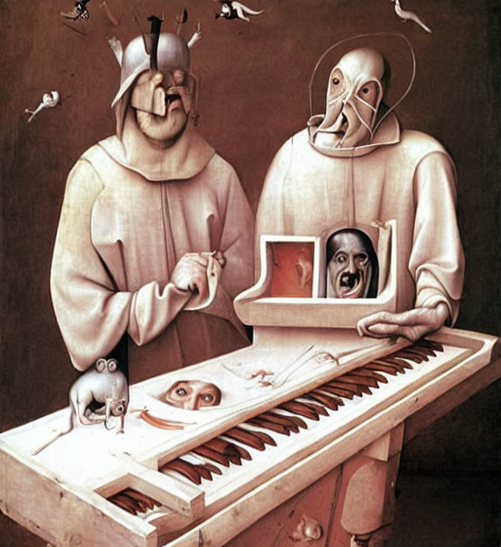 Surreal painting of figures in monk-like robes playing piano with human features