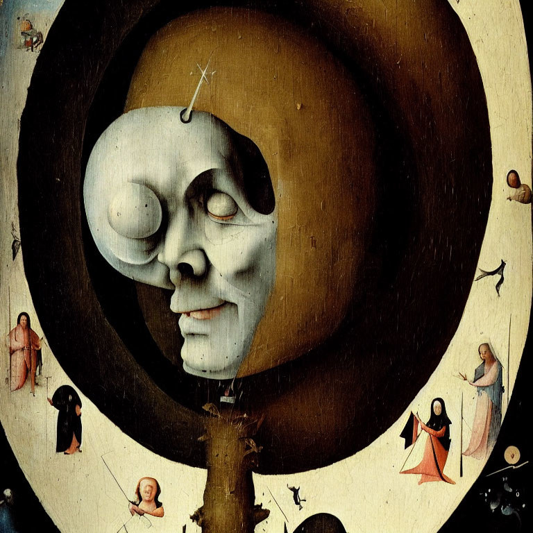 Surreal painting of hollow-faced skull with celestial sphere and heavenly figures