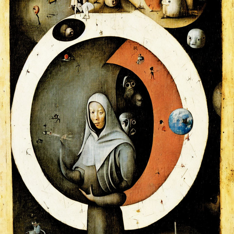 Allegorical painting of serene nun in crescent moon landscape