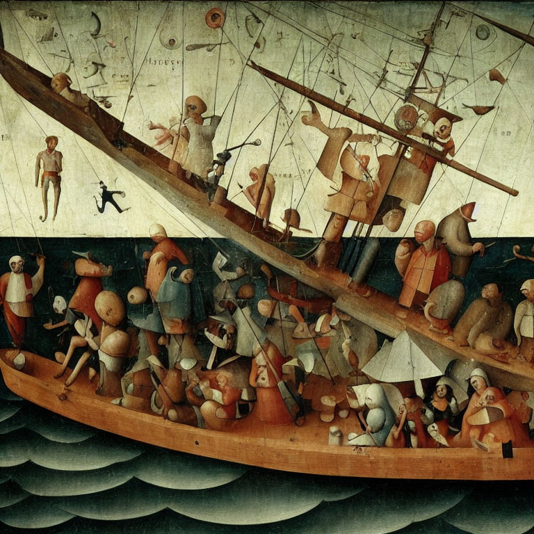 Detailed Nautical Scene with Ships, Figures, Combat, and Constellations