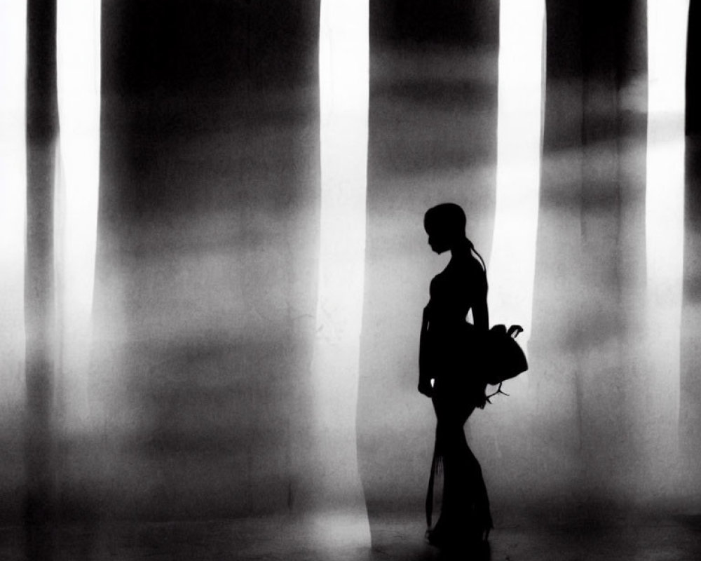 Silhouette of person walking among vertical light stripes in dramatic monochromatic scene