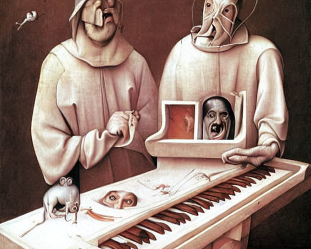 Surreal painting of figures in monk-like robes playing piano with human features