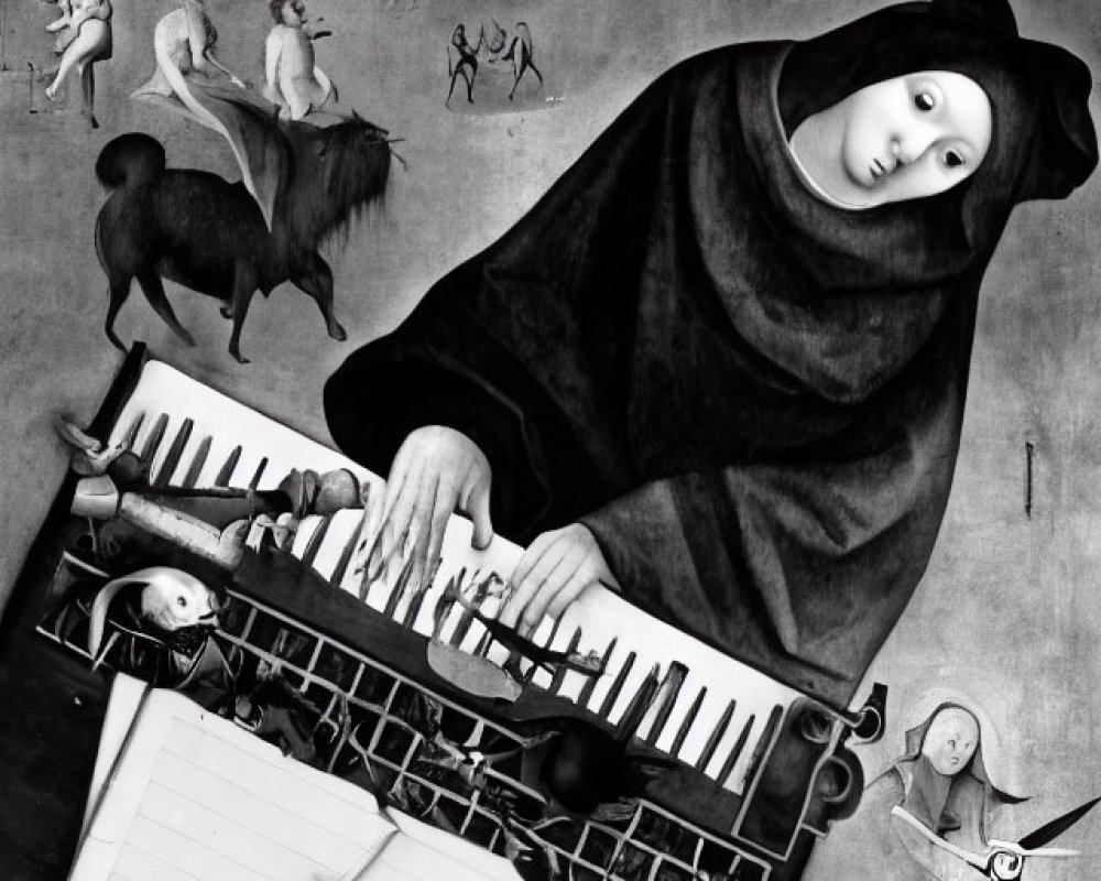 Surreal black and white image: Large figure in cloak playing piano amid chaotic scenes