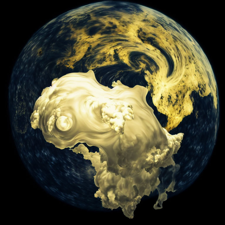 Swirling white and yellow clouds on planet-like body in dark space