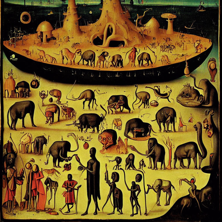 Medieval-style painting of fantastical landscape with hybrid creatures, humans, and elephants