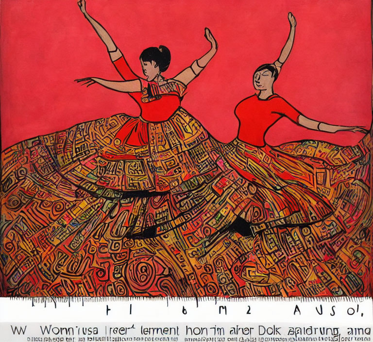 Stylized figures in red dresses with intricate patterns on bold red background