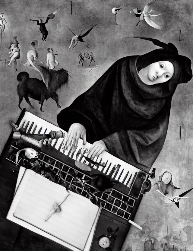 Surreal black and white image: Large figure in cloak playing piano amid chaotic scenes