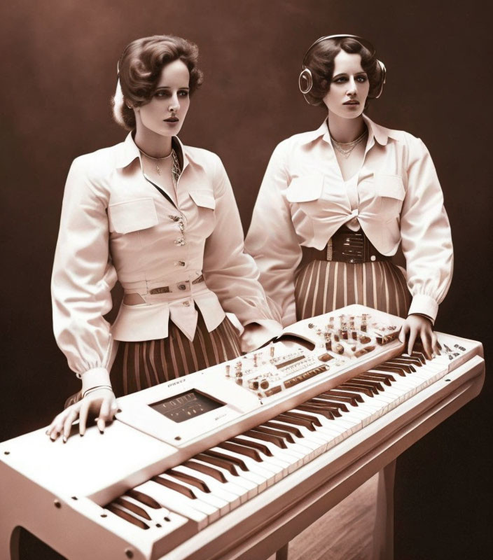 Two women in vintage attire with headphones behind an electronic keyboard in sepia-toned setting